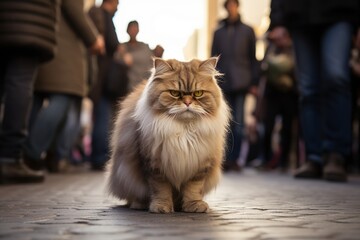 Wall Mural - Group portrait photography of a curious persian cat investigating while standing against lively street