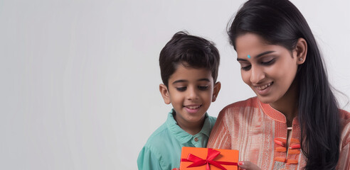 Poster - Young indian woman and his son on white background