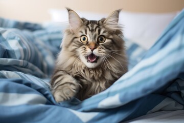 Wall Mural - Lifestyle portrait photography of a smiling siberian cat leaping while standing against cozy blanket