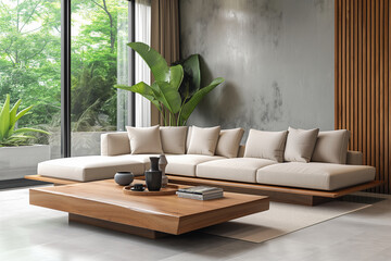 Minimalist modern living room interior design with floor and french window. sofa and wood coffee table, gray concrete walls.