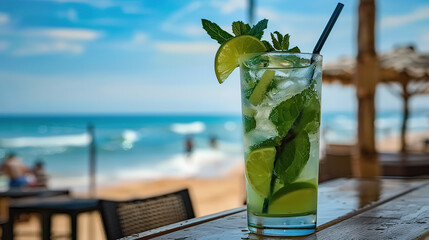 Mojito at a serene beach setting, offering a refreshing escape and a tropical sip of relaxation