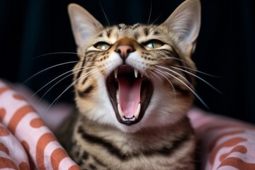 Wall Mural - Close-up portrait photography of a bored savannah cat yawning isolated in cozy blanket