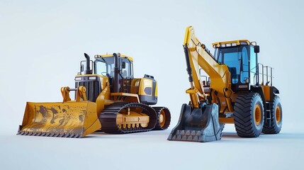 Loader and excavator Abstract 3d heavy loader and excavator Low pole Construction machinery equipment, earth building bulldozer, earthmoving machine technology, industrial construction concept, making