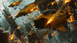 A fleet of yellow space taxis whizzes amid chaotic traffic in a dense cityscape.