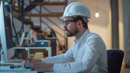 concentrated engineer in white hard hat works studiously at his computer, immersed in project planni