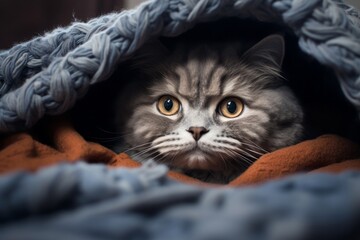 Wall Mural - Medium shot portrait photography of a funny selkirk rex cat hunting in front of cozy blanket