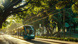 Sunlight bathes a modern tram on tree-lined street during early morning.