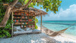 Idyllic beachside cabana with a rich collection of books and a comfy hammock