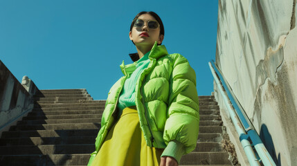 Fashion-forward woman in vibrant attire poses confidently on urban stairs under a clear sky.