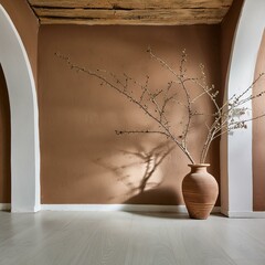 Wall Mural - 3D interior background featuring a room with a brown stucco wall and a vase containing a branch. The meticulous attention to detail in the stucco texture and the lifelike representation of the branch 