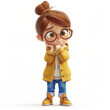 Cartoon girl in glasses and yellow coat standing confidently