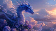 © AiDesign - Fantasy blue dragon sitting on blue flower with mountain