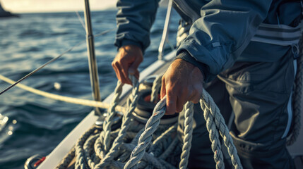 Wall Mural - Sailor's hands command the rope on a yacht's deck, embracing the open sea adventure.