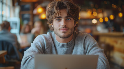 Wall Mural - Young man working on laptop, IT programmer freelancer or student with computer in cafe at table looking in camera