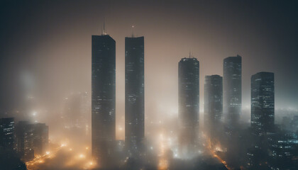 silhouette of skyscraper towers in foggy weather at night