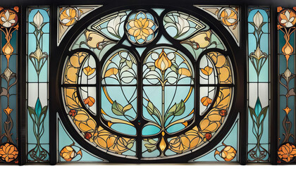 nouveau stained art glass window glasses church religion stained-glass cathedral architecture stain colourful gothic colours interior mediaeval old europa light deco blue gold yellow floral flower