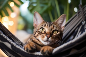 Wall Mural - Close-up portrait photography of a smiling bengal cat scratching in front of in front ofn inviting hammock