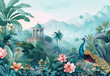 Enchanting tropical landscape with peacocks, exotic plants, and architectural wonders