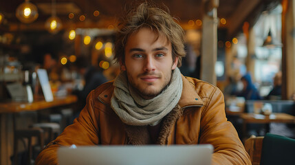 Wall Mural - Young man working on laptop, IT programmer freelancer or student with computer in cafe at table looking in camera