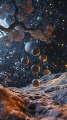 Poster - Surreal Molecular Composition with Glowing Spheres and Fantasy Elements