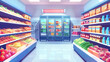 Brightly illuminated supermarket aisles with fresh produce and refrigerated products