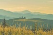  A hazy mountain range featuring trees and vegetation in the foreground and a rose-tinted sky above. Beautiful simple AI generated image in 4K, unique.