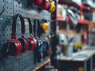 The essential safety gear and protective equipment neatly hung on a workshop wall ensuring worker s hearing and eye protection