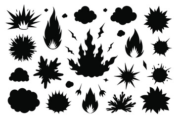 Fire flame manga explosion effect. Black ink hand drawn silhouettes anime graphic. Vector