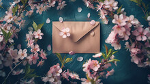A Craft Paper Envelope,.surrounded By  .cherry Blossom.