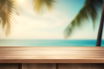 Empty wood table top, with blur seascape, tropical palm tree background. bright tone.