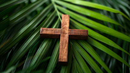 Wall Mural - palm sunday background christianity celebration, Christian Palm Sunday with palm branches and leaves and cross