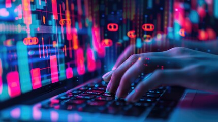 Poster - Digital Finance: Hands typing on a keyboard with financial graphs on the screen.