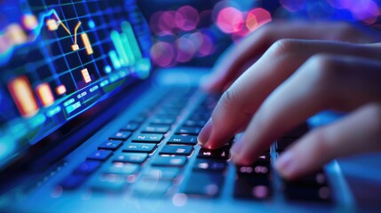 Poster - Digital Finance: Hands typing on a keyboard with financial graphs on the screen.