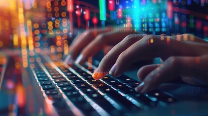 Poster - Digital Finance: Hands typing on a keyboard with financial graphs on the screen.