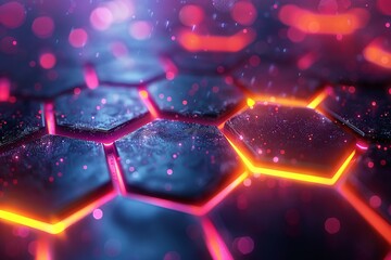 Poster - An abstract digital art of hexagonal shapes with neon lighting and water droplets effect
