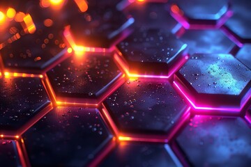 Poster - Vibrant hexagon tiles illuminated, with water droplets adding to the textured surface and light play