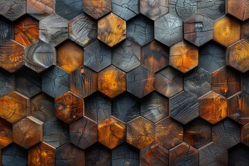Poster - An image of a wall decorated with hexagonal wooden tiles showing varying wood grains and stains for a textured look