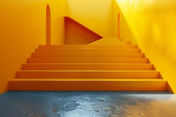 Poster - An abstract yellow staircase leading to a serene water reflection in a contemporary room