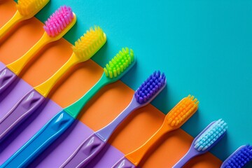 A row of colorful toothbrushes are lined up on a blue background