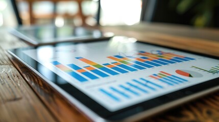 Poster - Performance Metrics: Business charts on a tablet with financial management apps.