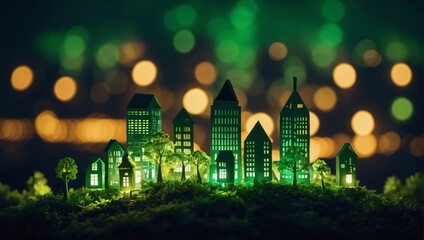 Wall Mural - Green City Glow, Light Bulb Paper Illustrating Eco-Friendly Urbanism.