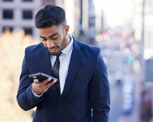 Canvas Print - Corporate, city and business man with smartphone on balcony for social media, networking or notification alert. Professional, online and employee for communication internet browsing or reading news