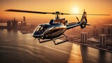 Fototapeta  - Helicopter on fly, taxi helicopter above financial district, helicopter charter. Helitaxi