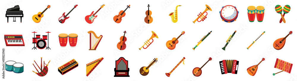 Musical instruments Icons set, vector flat cartoon illustration. Music - piano, guitar, violin, percussion, saxophone, trumpet, drums, tambourine, ukulele.