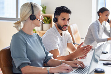Poster - Crm, people and conversation in office with headphones, virtual assistant and inbound telemarketing for support. Female advisor, male agent and talking together in call center for customer service.