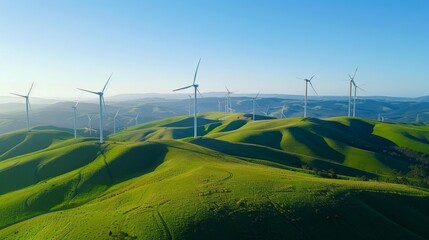 A panoramic vista of a wind farm on a rolling green hill, the turbines spinning majestically against a clear blue sky.