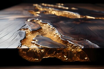 Wooden surface with golden paint, closeup. Abstract background.