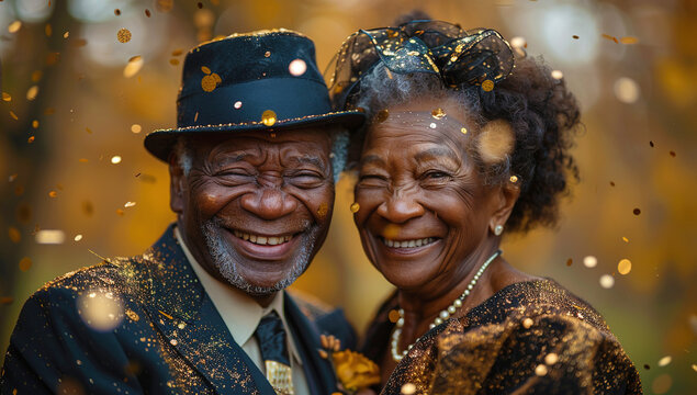 A black senior couple laughing and smiling while surrounded golden confetti on their wedding day, symbolizing the joyous celebration of love in the older age group