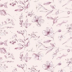 Wall Mural - Pastel Pink Floral Pattern - Elegant Botanical Illustration Background