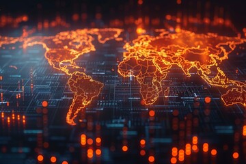 Poster - An illuminated world map on a dark circuit board background symbolizing global digital connectivity